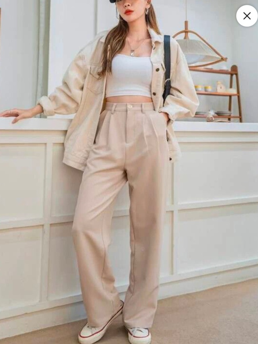High-Rise Wide-Leg Trousers in Light Beige